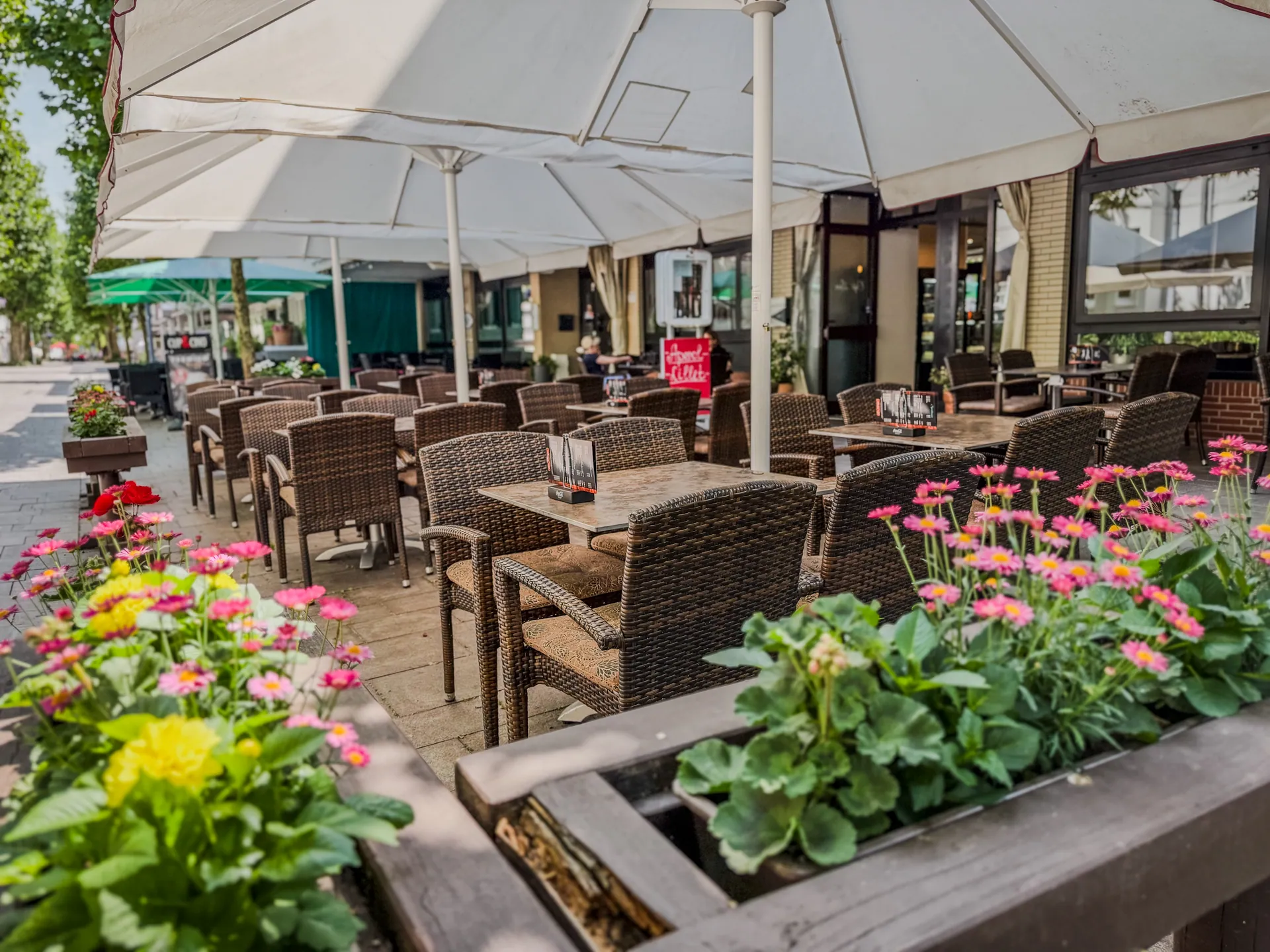 Blumengeschmückte Terrasse des Café Leon